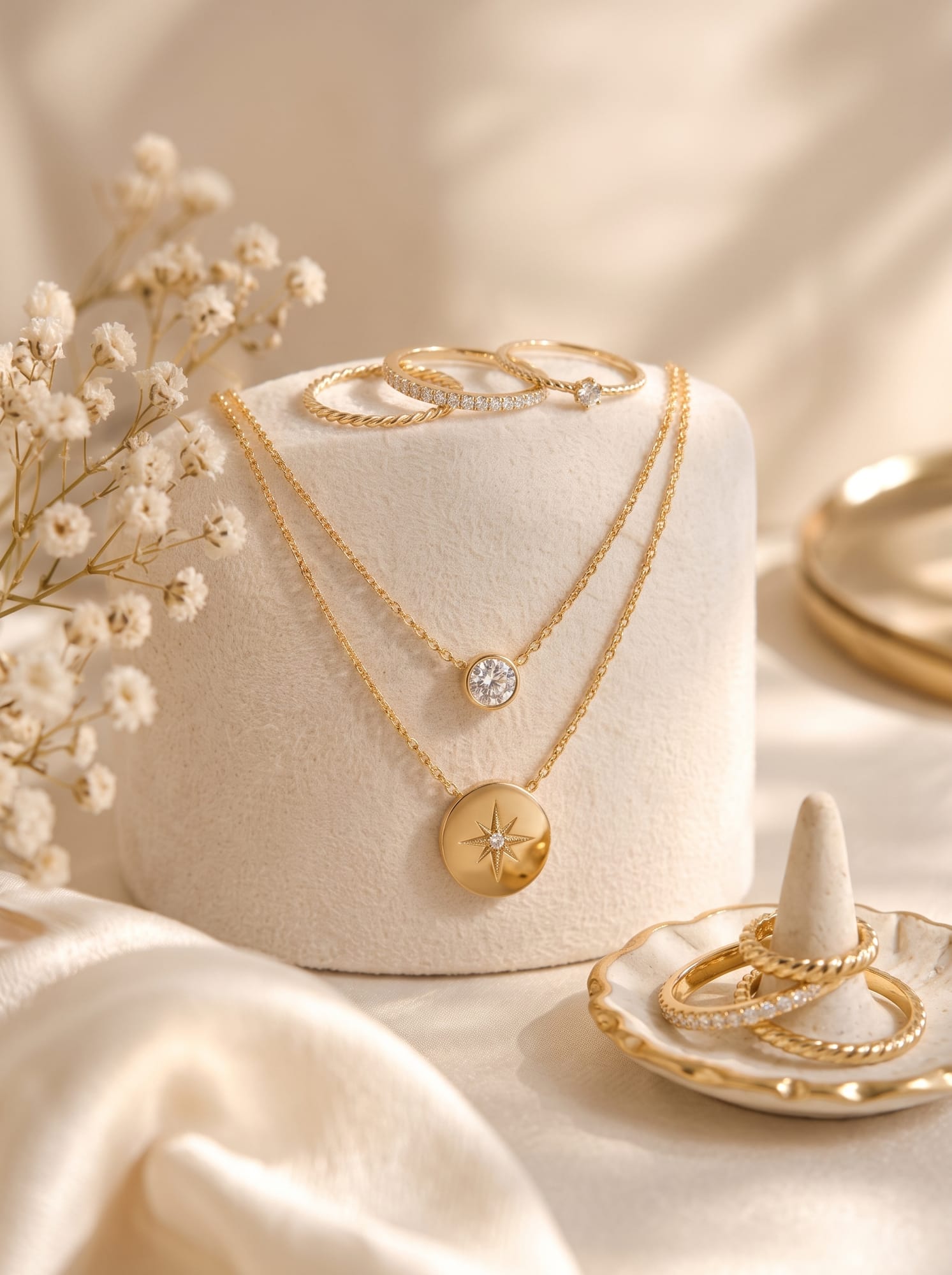 Layered gold necklaces and stacked gold rings on a cream display stand, beside dried flowers